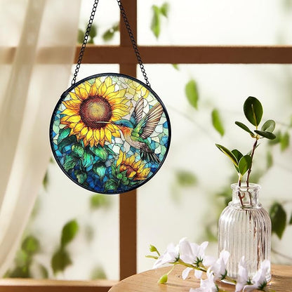 Hummingbird Sunflower Suncatchers Stained Glass Window Hanging, Hummingbird Flower Sun Catchers Indoor Window Glass Round Wall Decor, Bird Sunflower Wall Hanging Decorations, 7.9x7.9in