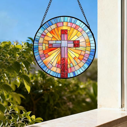 DASTOLL Christian Gifts for Women - Cross Stained Glass Window Hanging Easter Colorful Gradient Sun Catcher Garden Religion Decor Mother's Day Catholic Gift for Men Grandma Mom Nana Her 9.8"