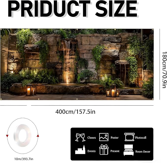 Garage door banner cover, 6x13 ft stone walls and waterfalls background, Large Outdoor Backyard Landscape Decoration (Stone-wall-Waterfall)