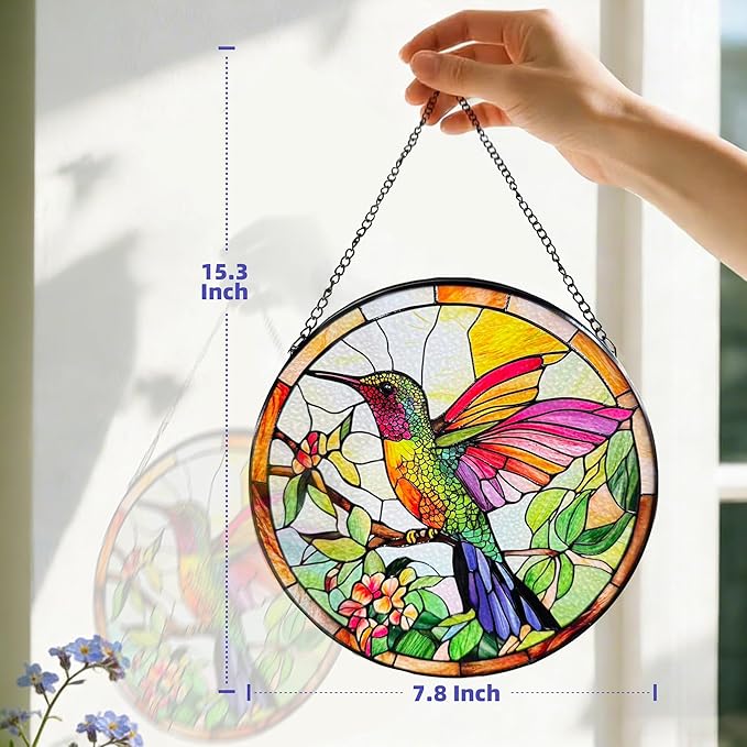 Hummingbird Suncatcher Stained Glass, Hummingbird Ornament for Window Hanging –Birds Suncatcher Mother's Day Christmas Birthday Gifts for Bird Lovers Women Men Mom and Nana 7.8 in