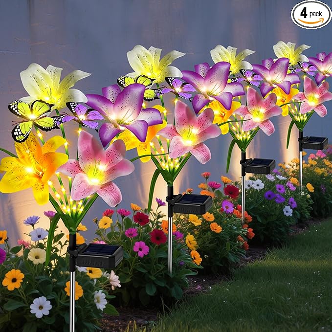 ostritec Solar Garden Lights Outdoor, 4 Pack Flower Lights for Outside, 16 Solar Lilies with Butterflies, Waterproof Garden Decor for Yard, Patio, Gifts for Women Mom (4 pcs Lilies)