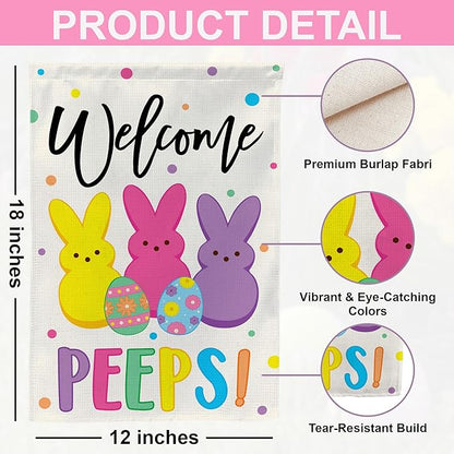 Easter Garden Flag (12x18) Double Sided - Welcome Bunny Spring Yard Flag - Easter Decorations Outdoor - Holiday Flag for Porch Patio Lawn Garden Decor