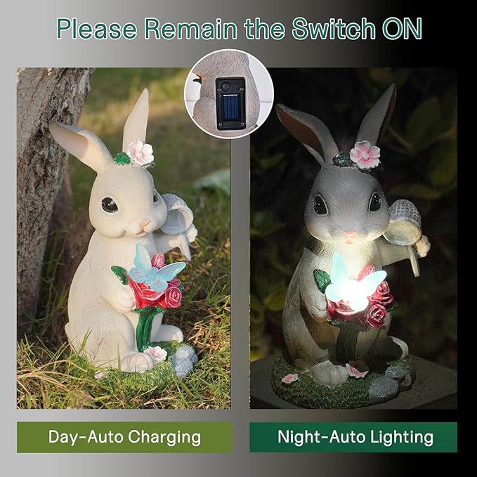 Garden Statues Rabbit with Solar Light,Bunny Outdoor Garden Decor Ornaments for Patio Yard Art,Birthday Gift Easter House Warming Garden for Women Mom,Resin Animal Figurine with Wider Base