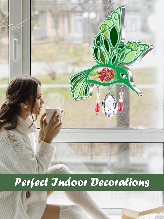 KY&BOSAM Hummingbird Suncatcher Crystal Colorful Rainbow Prisms Sun Catchers for Windows Hangings Wind Chimes Ornaments with Pressed Flower and Metal Charms Gifts for Mom Mothers Day Christmas Decor