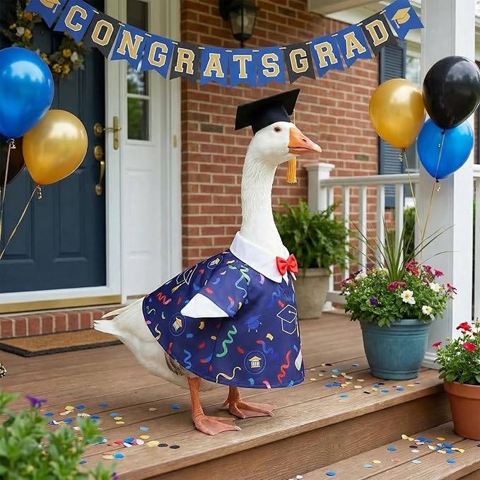 Graduation Lawn Goose Outfit, Blue Academic Graduation Gown and Mortarboard Cap Fits 23 Inch Yard Porch Goose for Yard Garden Outdoor Statue