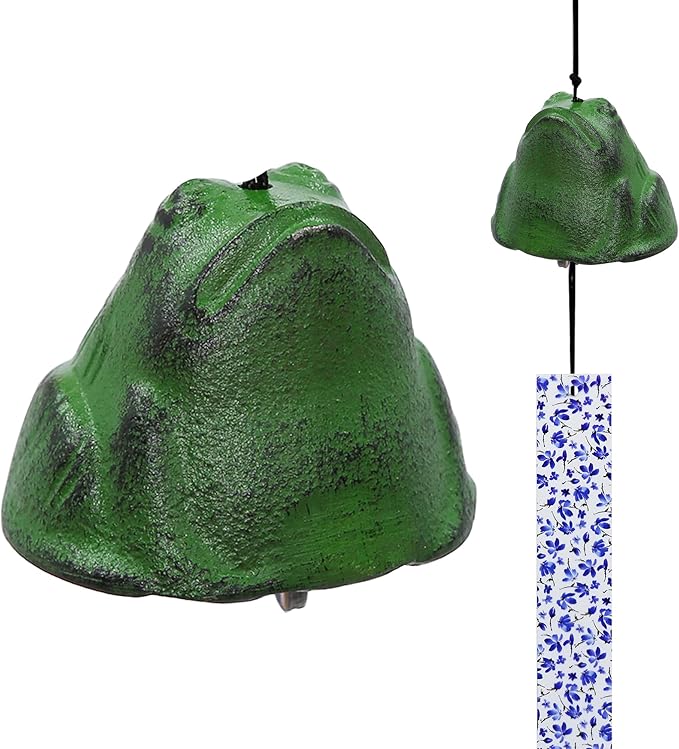 Japanese Wind Chime Cast-Iron Outdoor Ornament for Garden, Patio & Balcony, Hanging Metal Wind-Bell Decoration Gift, Blessing Pendant Windchimes & PVC Wind-Catcher, Green Frog