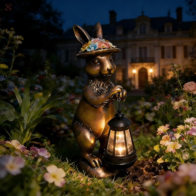 Garden Statue Solar Rabbit Outdoor - Easter Bunny Decor with Solar Powered Lantern,Patio, Lawn, Yard Ornaments, Waterproof Resin Figurines for Home, Birthday, Mother‘s Day Gift