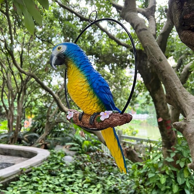 Hanging Parrot Macaw Sculpture Ring Perch Indoor/Outdoor Statue for Patio Home Garden, Medium 15 Inch Tall