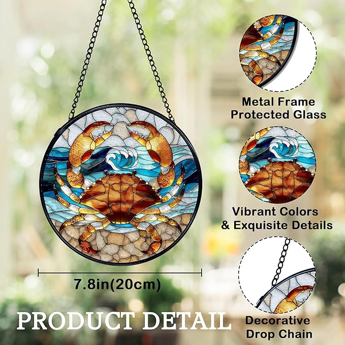 Crab Decor, Beach Coastal Crab Suncatchers Stained Glass Window Hanging, Coastal Ocean Sun Catchers Indoor Window Glass Round Wall Decor, Beachy Wall Hanging Decorations, 7.9x7.9in