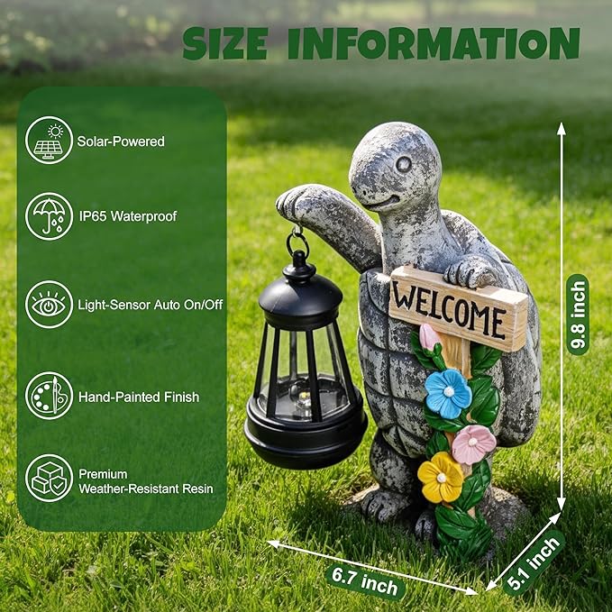 Solar Garden Statues, Resin Turtle Flower Statue w/ Welcome Sign, Waterproof Garden Figurine for Outside Yard Outdoor Home Patio Lawn Decor, Solar Animal Light for Adults Women Birthday Easter Gifts