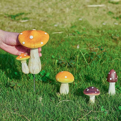 Mushroom Decor - Fairy Garden Accessories Outdoor Spring Patio Decoration 4 PCS Mushroom Statues with Stakes (Orange2+Nutshell2)