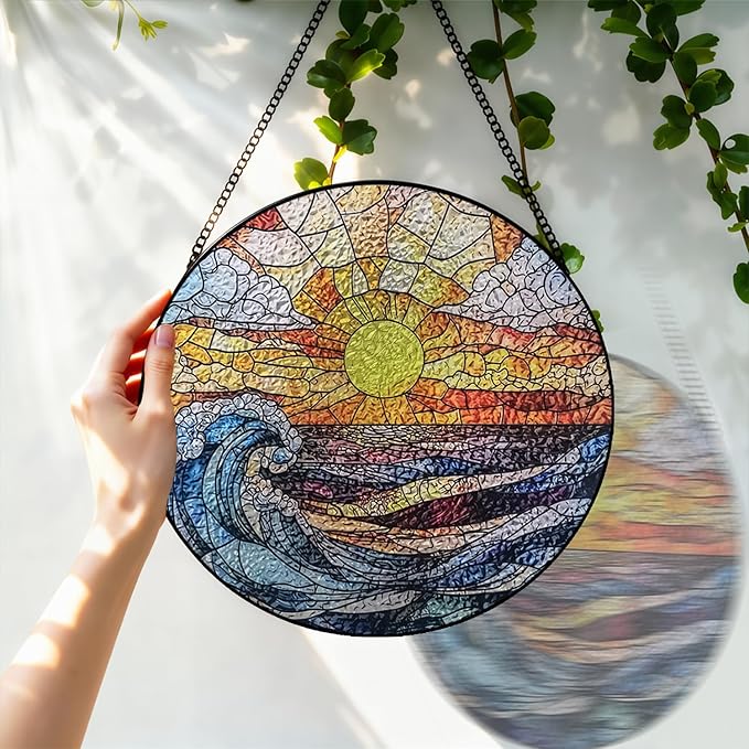 Stained Glass Window Hanging, 8 Inch Ocean Waves Suncatcher, Sun Catchers Indoor Window, Beach Suncatchers for Windows Hanging, Spring Home Garden Decor Panel Mothers Day Birthday Gift for Mom Grandma