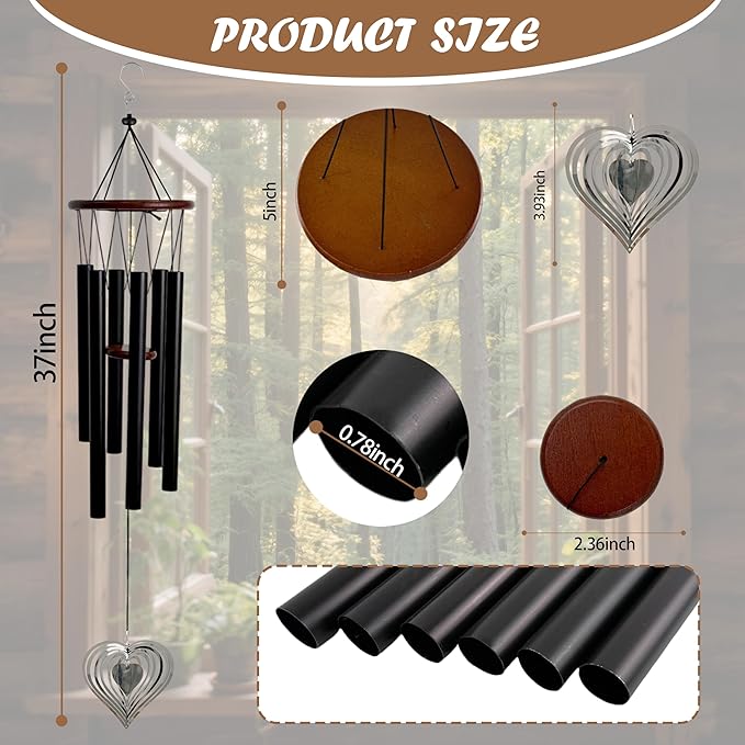 37'' Wind Chimes with Heart Spinner, Aluminum Hanging Metal Wind Catcher for Outdoor Decor, Garden, Patio Decoration