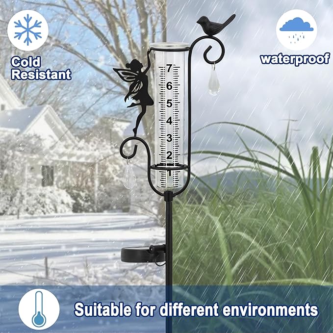 J-Fly Glass Weather Station with Rain Gauge for Solar Yard Decorations, Solar Glass Freeze Proof Rain Measure Gauge Outdoor Stratus Raingage Garden Stakes, Outdoor Yard Fairy Garden Decor Accessories