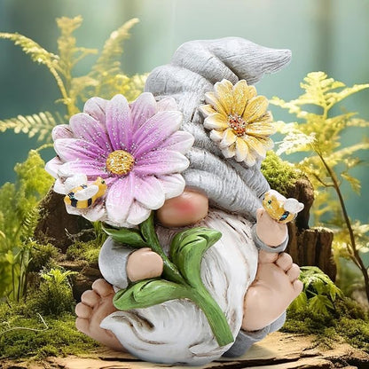 Hodao Spring Gnome Decoration Flower Elf Ornaments Decor Gifts Summer Gnome Figurines Spring Gnoms for Garden Decor Gifts for Outdoor Decor for Mom, Grandma (Grey-Man)