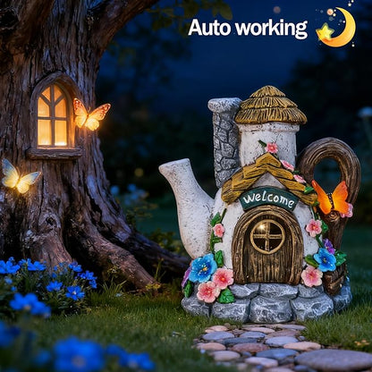 Suyorpe Fairy Garden Houses Solar Decor - Garden Statues Teapot House for Patio, Yard, Balcony Decoration, Outdoor Decor Yard Gifts for Mom Women
