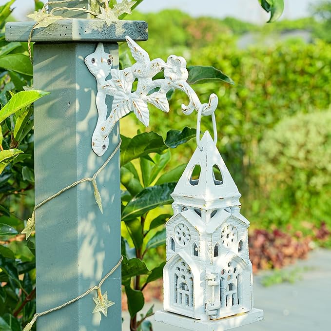 Sungmor Cast Iron Hanging Plant Brackets Decorative Plant Hanger, 2 Pack White Wall Mounted Flower Pot Hooks, Outdoor Bird Feeder Hanger, Vintage Garden Hooks for Wind Chimes, Lanterns, Birdhouse