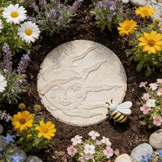 Sun Face Garden Stepping Stone- Round 12-Inch Decorative Concrete Stone, Pure Color for Outdoor Pathways Celestial Sun Face Cynkeyee