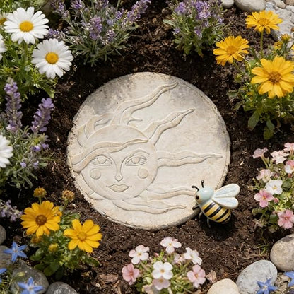 Sun Face Garden Stepping Stone- Round 12-Inch Decorative Concrete Stone, Pure Color for Outdoor Pathways Celestial Sun Face Cynkeyee