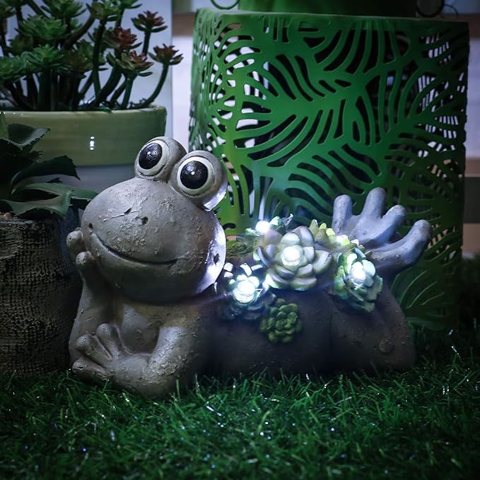 TERESA'S COLLECTIONS Frog Garden Decor with Solar Light for Outdoor Statues,Adorable Lying Frog Resin Lawn Ornaments Resting Animal Succulent Stone Figurines for Porch Patio Gifts for Mom Dad,7.3"