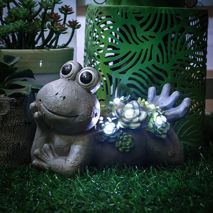 TERESA'S COLLECTIONS Frog Garden Decor with Solar Light for Outdoor Statues,Adorable Lying Frog Resin Lawn Ornaments Resting Animal Succulent Stone Figurines for Porch Patio Gifts for Mom Dad,7.3"