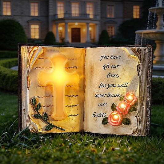 KARTOOSH Solar Bible Cross Garden Statue, Memorial Cross Flower Light with Stakes, Grave Decoration Gift for Cemetery Yard Lawn Patio Pathway Outdoor Decor