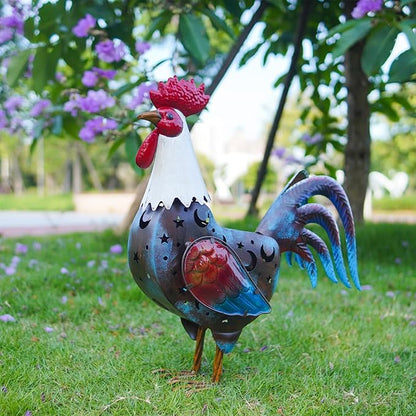LIFFY Metal Rooster Yard Decor,18" Rooster Outdoor Decor with Solar Lights,Chicken Home Decorative Ornaments,Garden Statues for Outside Patio Backyard Landscape Lawn