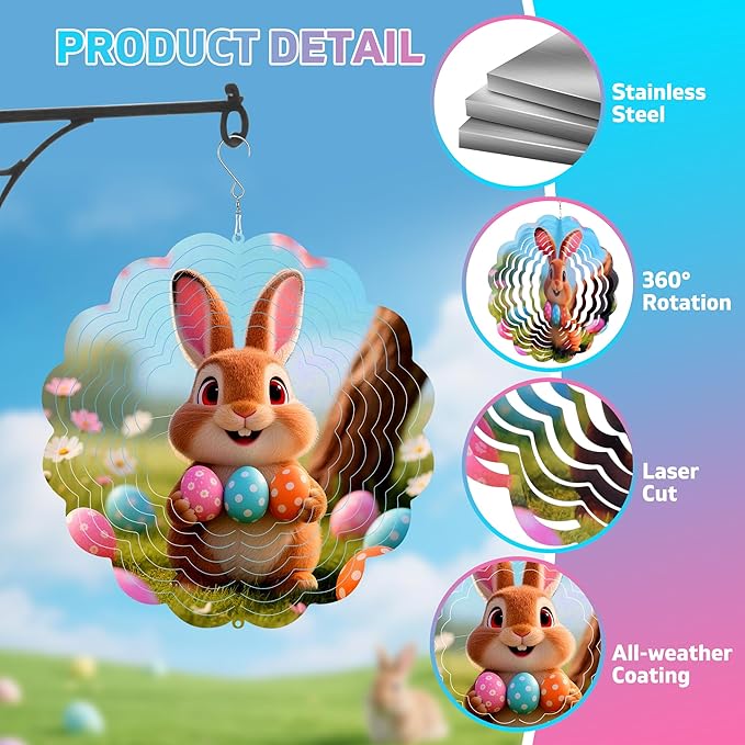 Rabbit Metal Wind Spinner for Garden, Rabbit Eggs Gifts for Easter Women Men Mother Father, 12 Inch Hanging Wind Spinner for Outdoor & Indoor Decorations