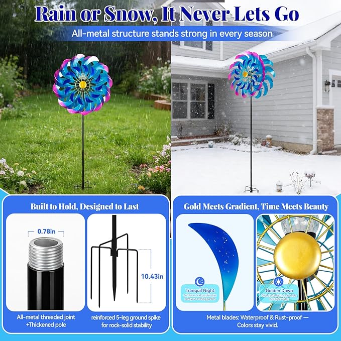 Solar Wind Spinners Outdoor, Metal Large Garden 24" Windmill with Solar Light, 7 Color LED, Wind Sculpture for Yard & Lawn, 5 Legs Ground Stake, 84.6" to 49.8" Height, Large Wind Spinner