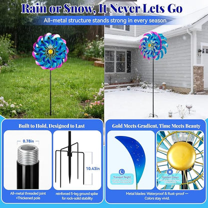 Solar Wind Spinners Outdoor, Metal Large Garden 24" Windmill with Solar Light, 7 Color LED, Wind Sculpture for Yard & Lawn, 5 Legs Ground Stake, 84.6" to 49.8" Height, Large Wind Spinner