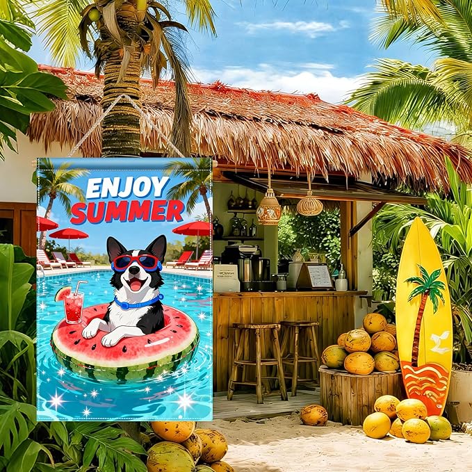 BlissYard Enjoy Summer French Bulldog Garden Flag 12x18 Double Sided Vertical Outdoor Pool Party Dog Decor Sunglasses Float Yard Lawn Patio Tropical Banner