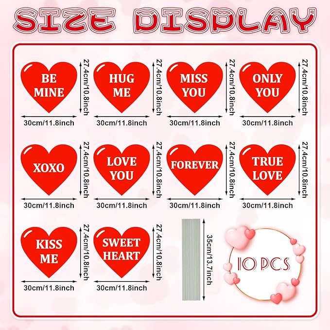 10-Piece Valentine Heart Yard Signs with Stakes Decorations – Assorted Red Heart Messages 12 Inches Large Outdoor Valentine Sweetheart Signs for Lawn, Garden, Driveway, and Romantic Party Décor