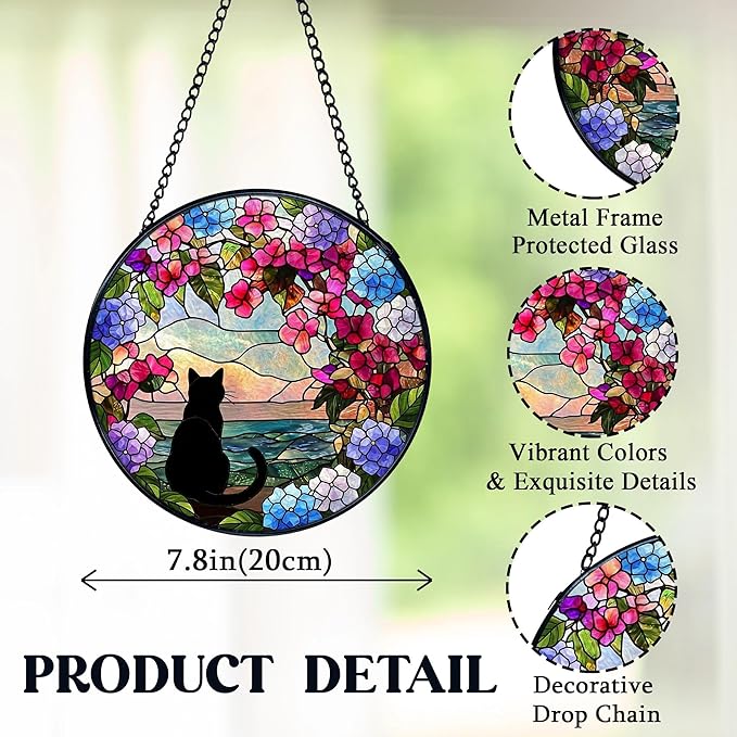 Black Cat Hydrangea Flower Stained Glass Window Hanging, Black Cat Sun Catchers Indoor Window Round Glass Wall Art Decor, Cats Floral Suncatcher Wall Hanging Decorations, Lawn Care
