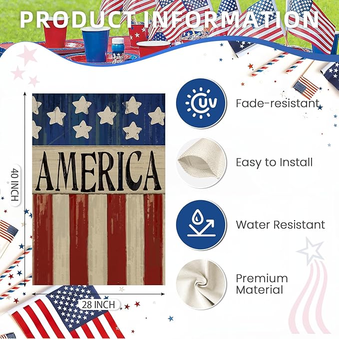 4th of July House Flags for Outdoor, Patriotic American Flag Large Yard Flag,Seasonal Decorative Decorations for Summer 250th Years America Anniversary Holiday Outside 28x40 Inch Double Sided