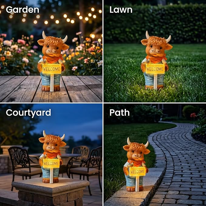 Solar-Powered Resin Highland Cow Welcome Statue with Light-Up Welcome Sign and Perched Bird, Garden Decor for Porch, Patio or Entryway
