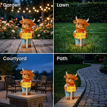 Solar-Powered Resin Highland Cow Welcome Statue with Light-Up Welcome Sign and Perched Bird, Garden Decor for Porch, Patio or Entryway