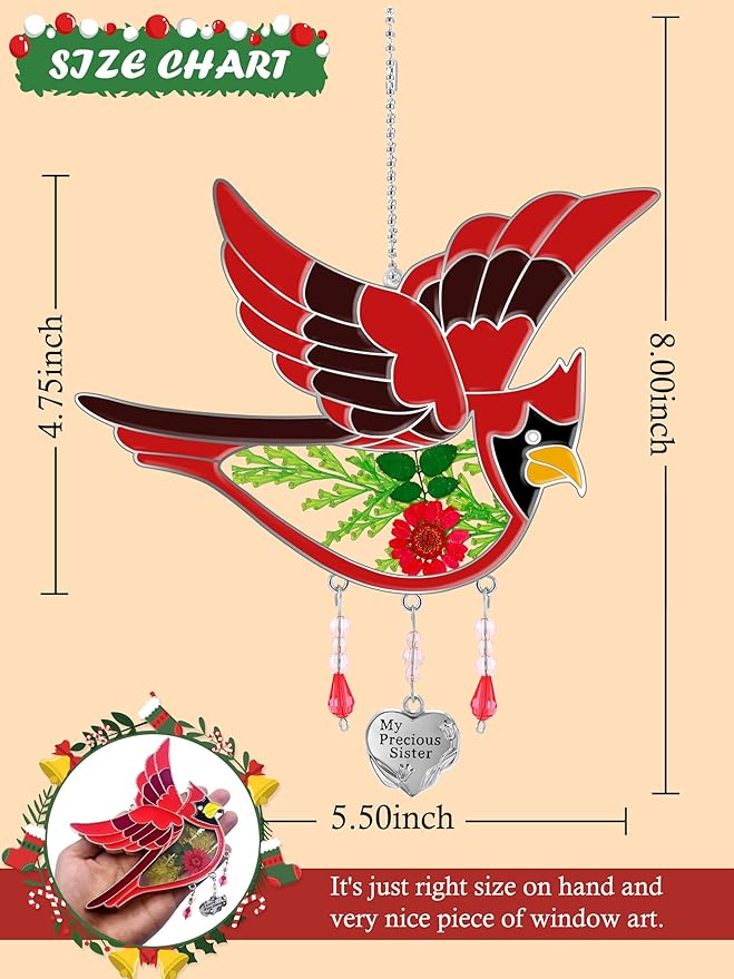 KY&BOSAM Cardinal Suncatcher My Precious Sister Hand-Painted Sun Catcher for Windows Hangings Wind Chime with Pressed Drived Flower Birthday Gifts for Sister Mothers Day Valentine's Thanksgiving Decor