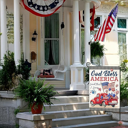 4th of July Garden Flags for Outside,Patriotic American Truck with Buffalo Plaid Small Yard Flags for Outdoor, Memorial Day Decorations for Holiday Summer 250th USA Anniversary 12x18 Inch Double Sided