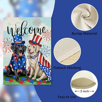 Welcome 4th of July Dog Patriotic Decorative Garden Flag, America USA Black Labrador Puppy Stars Stripes Yard Outside Decorations, American Summer Outdoor Small Home Decor Double Sided 12 x 18