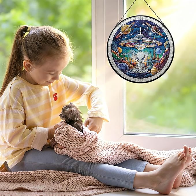 Alien Spaceship Stained Glass Window Hanging, 7.9" UFO Sun Catcher Glass Panel Boho Wall Art Decor, Hand Painted Round Ornament for Friends, Art Lover, Astronomer