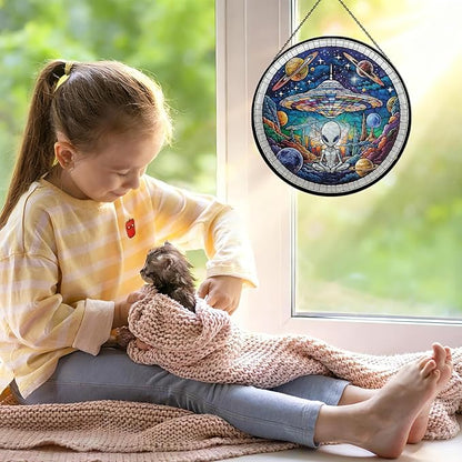 Alien Spaceship Stained Glass Window Hanging, 7.9" UFO Sun Catcher Glass Panel Boho Wall Art Decor, Hand Painted Round Ornament for Friends, Art Lover, Astronomer