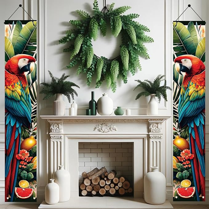 Summer Luau Tropical Parrot Porch Banners 71x12 Inch Party Decorations Colorful Macaw Hanging Door Signs Jungle Leaves Outdoor Patio Welcome Banner for Home Decor