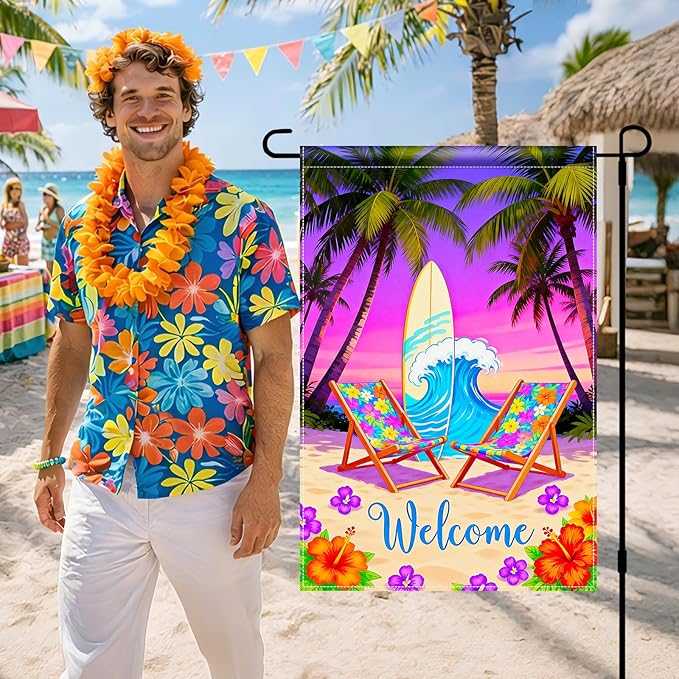 BlissYard Welcome Summer Beach Garden Flag 12x18 Double Sided Vertical Outdoor Decor Surfboard Chair Tropical Yard Garden Lawn Banner Coastal Seasonal Display