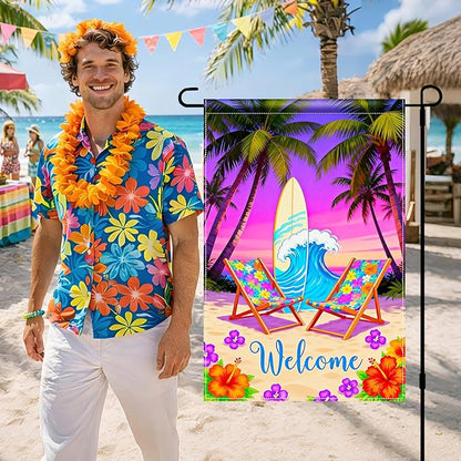 BlissYard Welcome Summer Beach Garden Flag 12x18 Double Sided Vertical Outdoor Decor Surfboard Chair Tropical Yard Garden Lawn Banner Coastal Seasonal Display