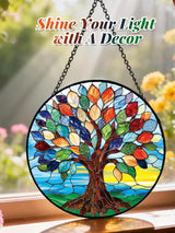 Stained Glass Window Hanging, Colorful Tree of Life Suncatcher for Door Home Decor, Glass Panel Sunrise Sun Catcher Ornament Mother's Day Birthday Gifts for Women Men Mom 6.3 in