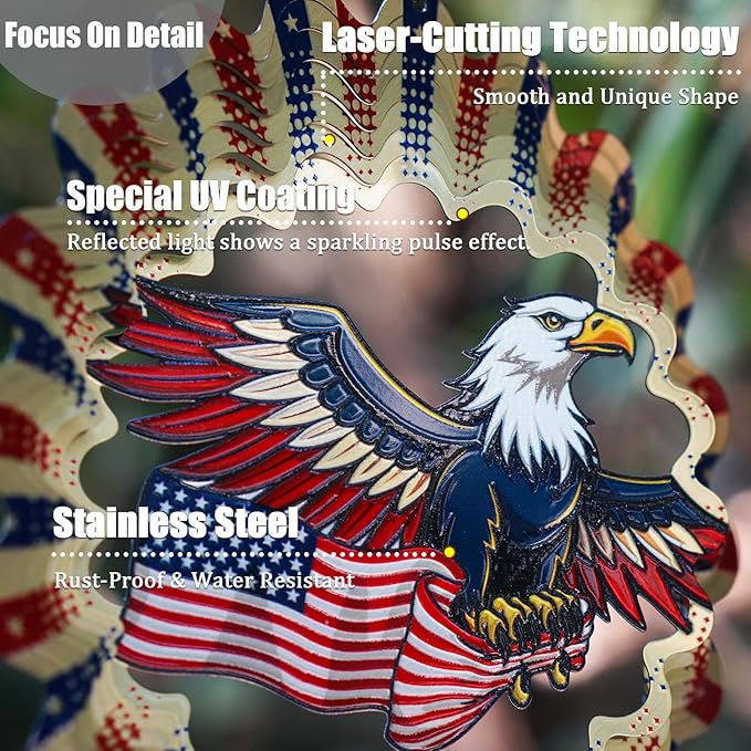 Wind Chimes with American Flag Eagle 3D Display Wind Spinner for Outside Garden Patio Yard Decor, Metal Windchimes Outdoor Hanging Decoration for Memorial Day Independence Day Patriotic