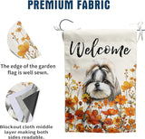 Shih Tzu Fall Garden Flag Autumn Dog Yard Sign Orange Floral Thanksgiving Outdoor Banners for Outside 12x18 Double Sided Small Wild Flower Lawn Decorations