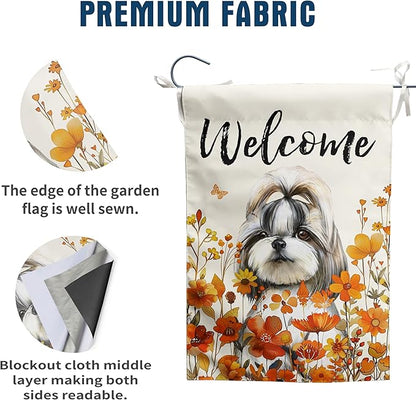 Shih Tzu Fall Garden Flag Autumn Dog Yard Sign Orange Floral Thanksgiving Outdoor Banners for Outside 12x18 Double Sided Small Wild Flower Lawn Decorations