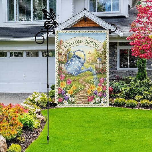 Garden Flag Stand Holder with 12 Interchangeable Seasonal Iron Decorations Yard Flag Holder Weather Proof Metal Powder Coated Flagpole with Clip Spring Stopper for Outdoor Garden Decor