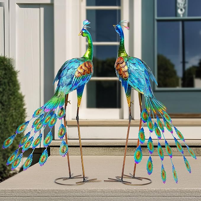 32" Oversized Peacock Decor Set of 2, Hand-Painted Metal Yard Art, Weatherproof Outdoor Garden Statues & Sculptures for Lawn, Flower Beds, Patio, Backyard or Indoor Kitchen & Home Decor